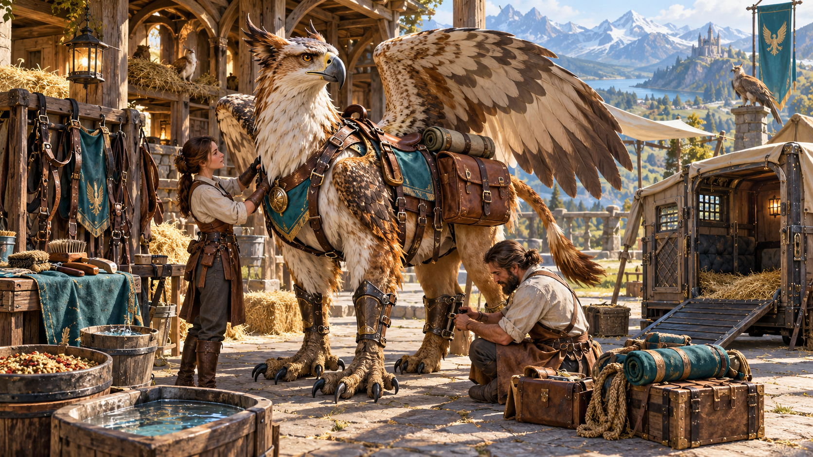 Fantasy illustration of a griffin with wing-safe tack and packs beside feed, grooming supplies and sheltered housing