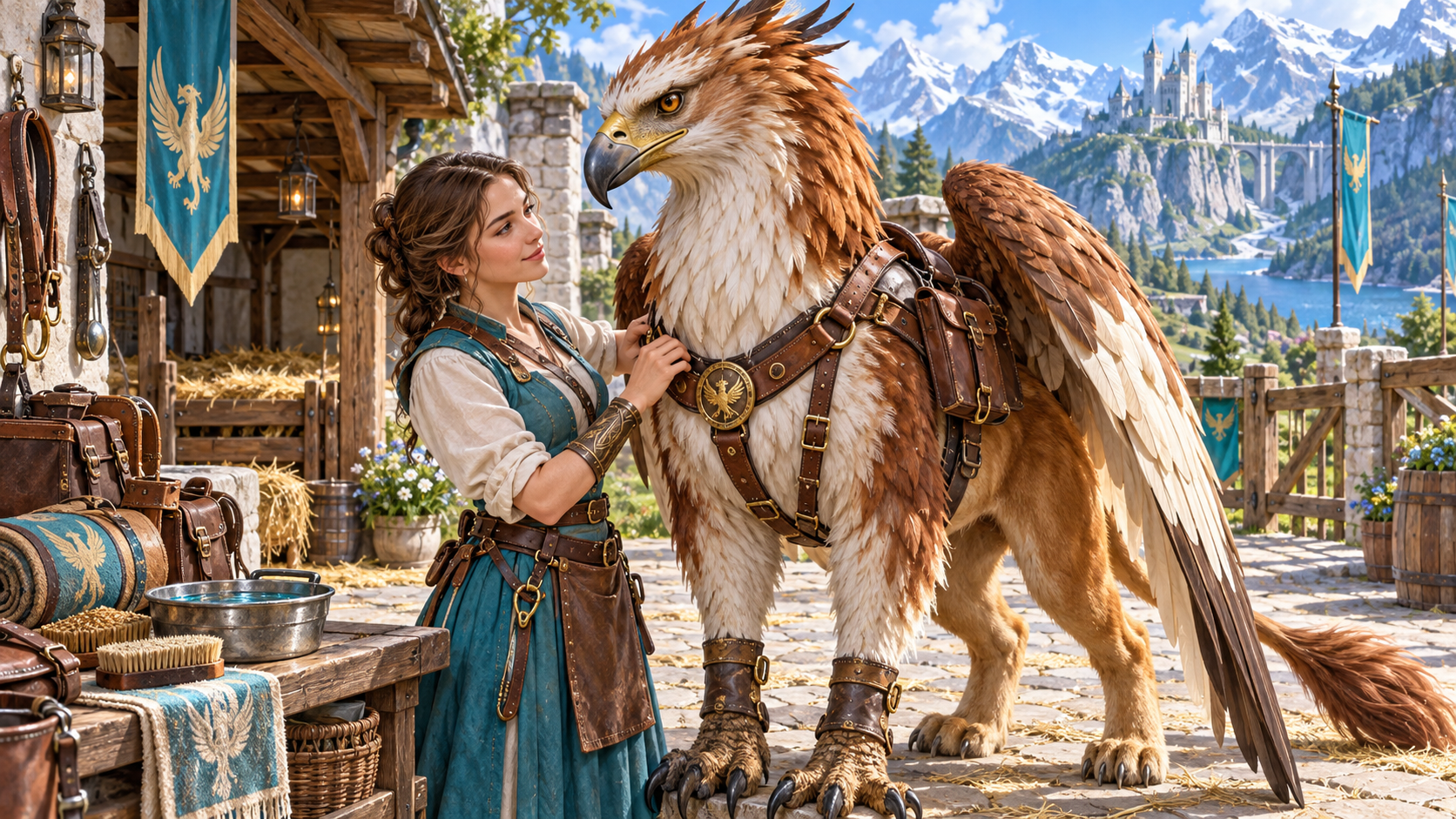 Fantasy illustration of a caretaker fitting a griffin harness beside grooming supplies, water and a sheltered stable