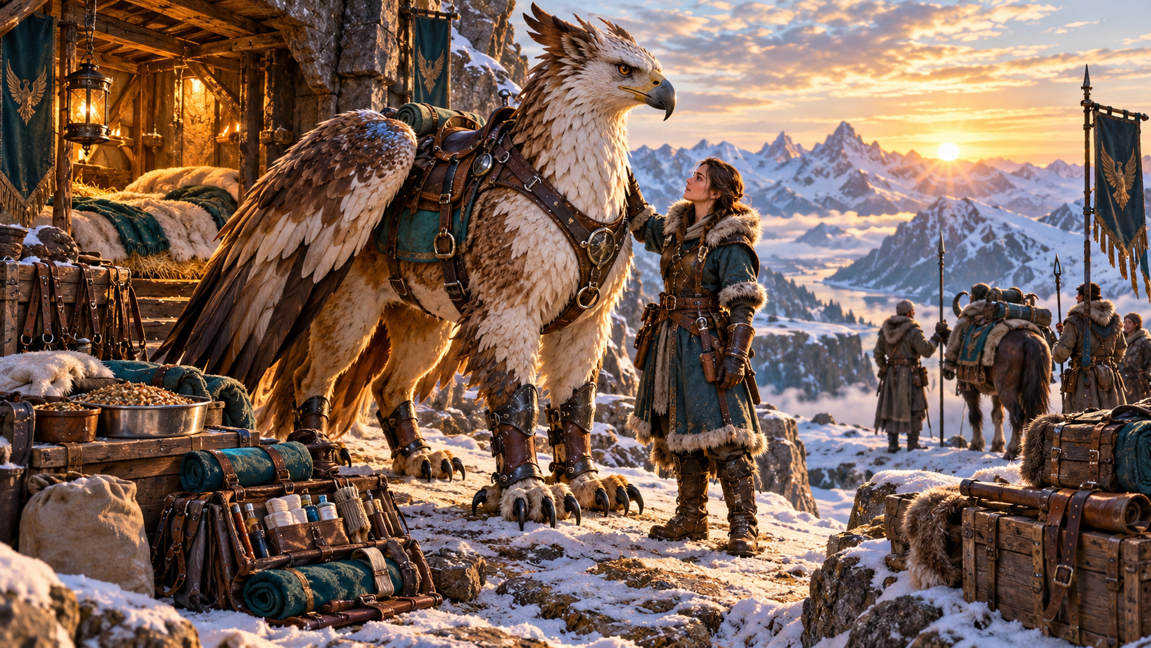 Fantasy illustration of an equipped griffin in winter shelter with expedition packs, water and care supplies