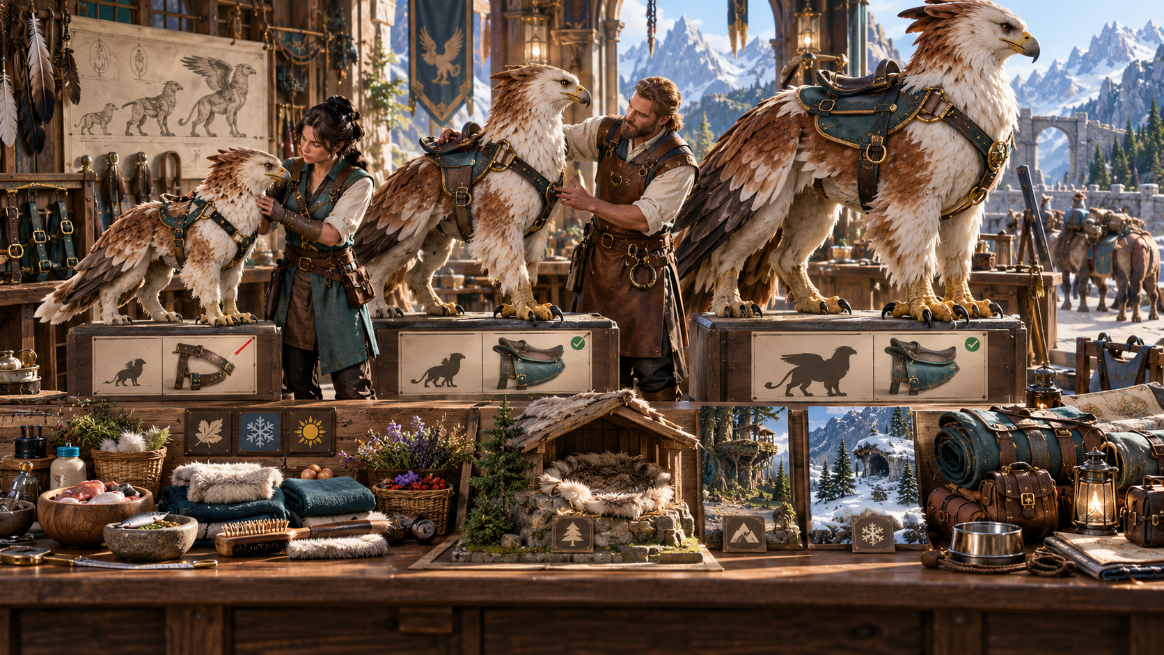 Fantasy illustration of three griffin growth stages with changing tack, seasonal shelter and journey supplies